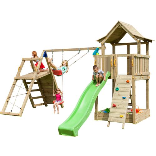 Spielturmking Spielturm PAGODA mit Rutsche 2,90 m + Kletterwand + Doppelschaukel - Grün DH457