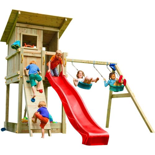 Spielturmking Spielturm BEACH HUT mit Rutsche + Doppelschaukel + Kletterwand - Rot 1,50 m DH196
