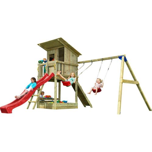 Spielturmking Spielturm BEACH HUT mit Rutsche 2,90 m + Kletterrampe + Doppelschaukel - Rot DH470