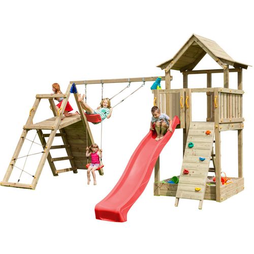 Spielturmking Spielturm PAGODA mit Rutsche 2,90 m + Kletterwand + Doppelschaukel - Rot DH454