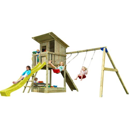 Spielturmking Spielturm BEACH HUT mit Rutsche 2,90 m + Kletterrampe + Doppelschaukel - Gelb DH471