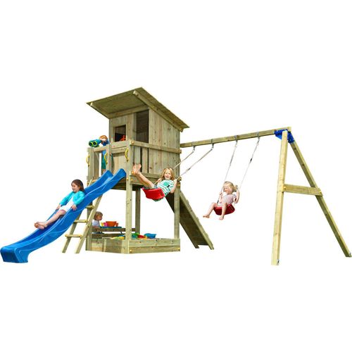 Spielturmking Spielturm BEACH HUT mit Rutsche 2,90 m + Kletterrampe + Doppelschaukel - Blau DH472