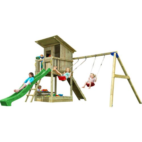 Spielturmking Spielturm BEACH HUT mit Rutsche 2,90 m + Kletterrampe + Doppelschaukel - Grün DH473