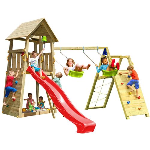 Spielturmking Spielturm BELVEDERE mit Rutsche + Kletterwand + Doppelschaukel - Rot DH811