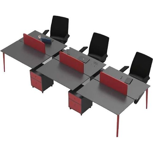 Workstation Schreibtisch 6-Sitzer Tischpult Holz Grau-Rot Büromöbel