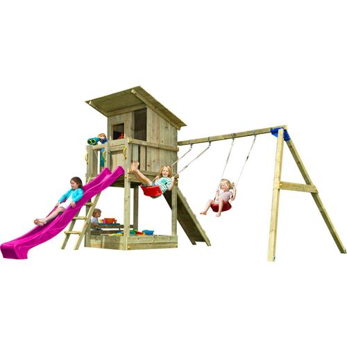 Spielturmking Spielturm BEACH HUT mit Rutsche 2,90 m + Kletterrampe + Doppelschaukel - Pink 31611-11