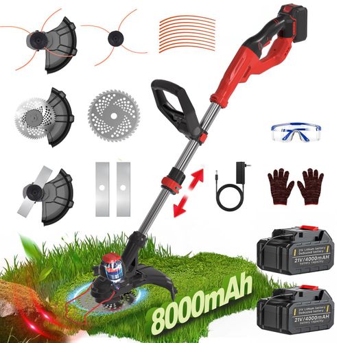 Akku Rasentrimmer mit 2× 4000mAh Akku 21V, Bürstenloser Motor Rasentrimmer, Elektrischer Grasschneider mit Teleskop-Stiel & Zusatzhandgriff, für Hof