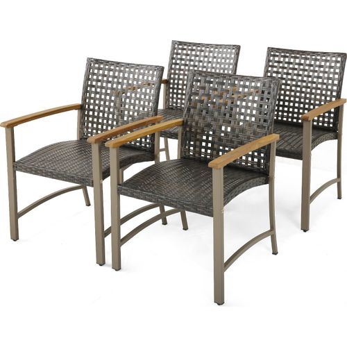 Terrassen-Dining-Stühle-Set von 4, Outdoor-PE-Rattan & Heavy-Duty-Metallstühle mit Akazienholz-Armlehnen, Outdoor-Rattansessel, Natur + Braun