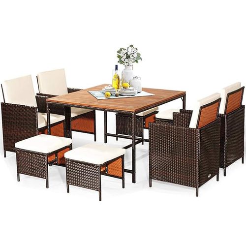Gartenmöbel Set 8 Stühle mit Tisch, 9er Set Rattan Lounge Möbel Outdoor, Balkonmöbel Set mit Balkontisch, 4 Stühle & 4 Hocker zusammenschiebbar