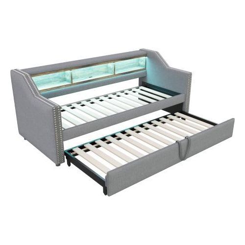 Schlafsofa 90/180x190cm Ohne Matratze Hellgrau Leinen Mit LED USB Staufach Lattenrost Ausziehbar