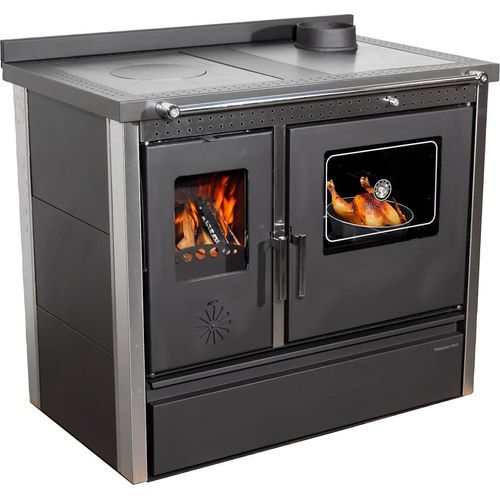 Kaminofen mit Backfach und Herdplatte 4050 Lotus Inox Schwarz Holzofen 11 kW Holz Ofen Mehrfachbelegung Kamin Heizofen Küchenherd