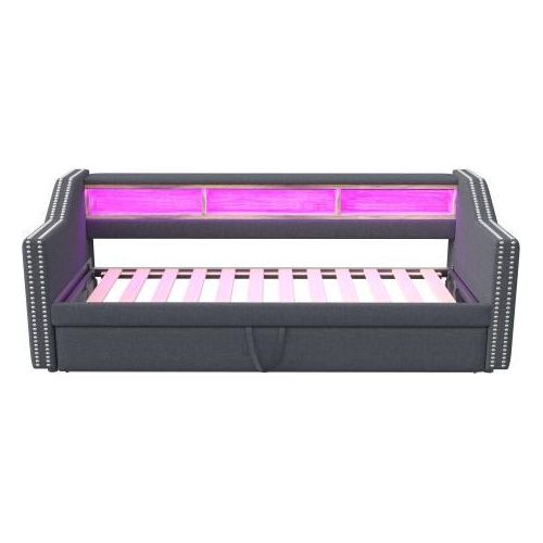 Schlafsofa 90/180x190cm Ohne Matratze Dunkelgrau Leinen Mit LED USB Staufach Lattenrost Ausziehbar