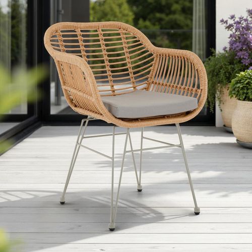Gartenstuhl PARAMO aus Polyrattan, braun/grau - moderner Esszimmerstuhl in Rattan Optik, Küchenstuhl mit Sitzkissen, Korbstuhl mit robustem Metallgestell