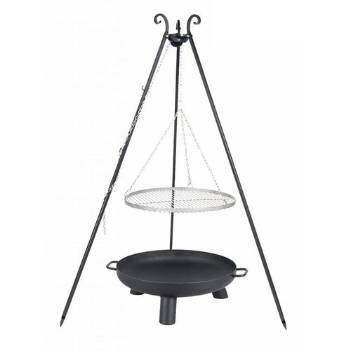Farmcook E00716 Schwenkgrill mit Dreibein VIKING (Rost aus Edelstahl+Dreibein+Feuerschale Pan 37) ; Rost (Durchmesser): 60cm ; Feuerschale (Durchmesser): 70cm ; Höhe: 180cm