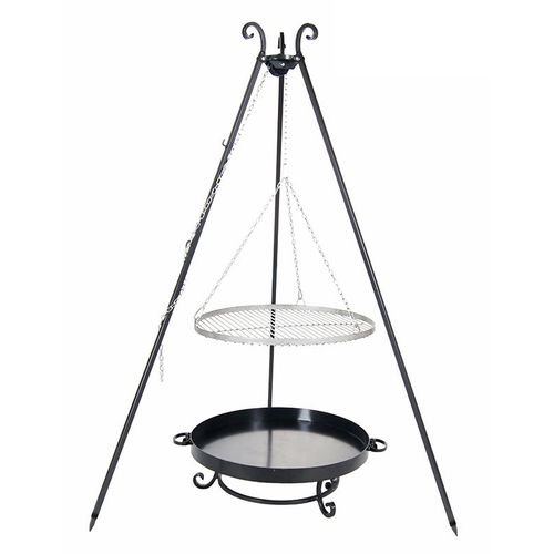 Farmcook E00704 Schwenkgrill mit Dreibein VIKING (Rost aus Edelstahl+Dreibein+Feuerschale Pan 32) ; Rost (Durchmesser): 60cm ; Feuerschale (Durchmesser): 70cm ; Höhe: 180cm
