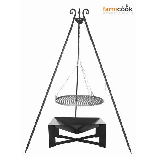 Farmcook E00819 Schwenkgrill mit Dreibein OSKAR (Rost aus Rohstahl+Dreibein+Feuerschale Pan 34) ; Rost (Durchmesser): 50cm ; Feuerschale (Durchmesser): 70cm ; Höhe: 210cm