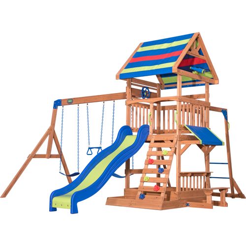 Backyard Discovery Spielturm Holz Northbrook | Spielplatz für Kinder mit Rutsche, Sandkasten, Schaukel und Picknicktisch | Schaukelset für den Garten