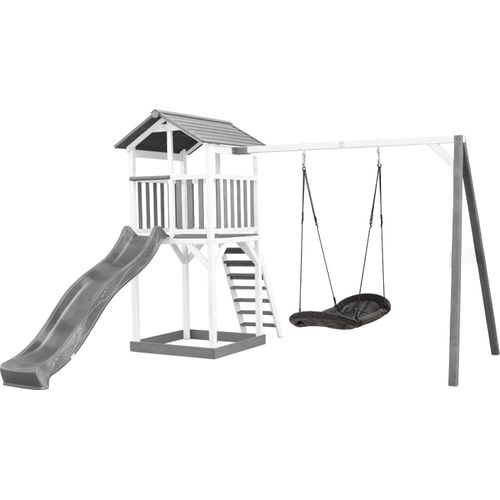 AXI Beach Tower Spielturm aus Holz in Weiß & Grau | Spielhaus für Kinder mit grauer Rutsche, Nestschaukel und Sandkasten | Stelzenhaus für den Garten