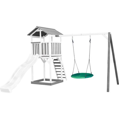 AXI Beach Tower Spielturm aus Holz in Weiß & Grau | Spielhaus für Kinder mit weißer Rutsche, Nestschaukel und Sandkasten | Stelzenhaus für den Garten