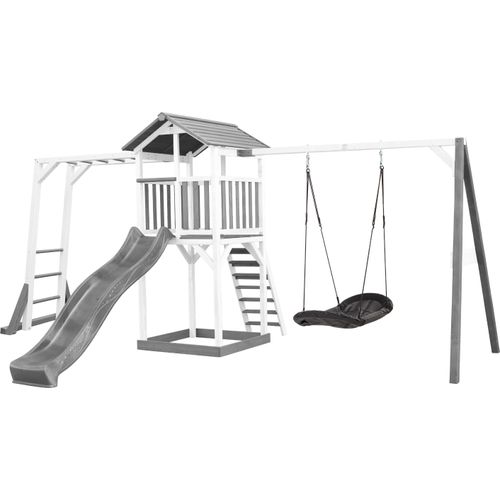 AXI Beach Tower Spielturm aus Holz in Weiß & Grau | Spielhaus für Kinder mit grauer Rutsche, Klettergerüst, Nestschaukel und Sandkasten | Stelzenhaus
