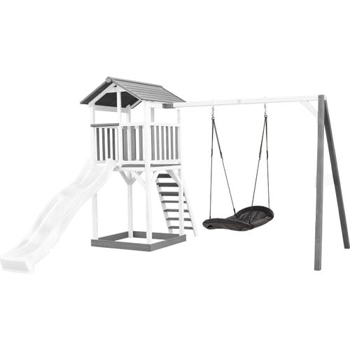 AXI Beach Tower Spielturm aus Holz in Weiß & Grau | Spielhaus für Kinder mit weißer Rutsche, Nestschaukel und Sandkasten | Stelzenhaus für den Garten