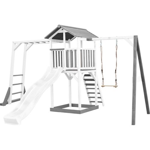 AXI Beach Tower Spielturm aus Holz in Weiß & Grau | Spielhaus für Kinder mit weißer Rutsche, Klettergerüst, Schaukel und Sandkasten | Stelzenhaus für
