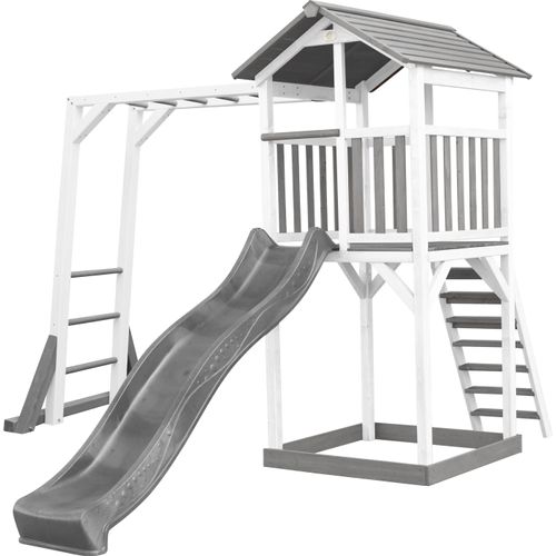 AXI Beach Tower Spielturm aus Holz in Weiß & Grau | Spielhaus für Kinder mit grauer Rutsche, Klettergerüst und Sandkasten | Stelzenhaus für den Garten