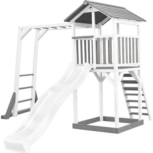 AXI Beach Tower Spielturm aus Holz in Weiß & Grau | Spielhaus für Kinder mit weißer Rutsche, Klettergerüst und Sandkasten | Stelzenhaus für den Garten