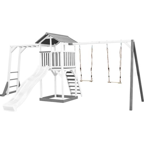 AXI Beach Tower Spielturm aus Holz in Weiß & Grau | Spielhaus für Kinder mit weißer Rutsche, Klettergerüst, Doppelschaukel und Sandkasten |