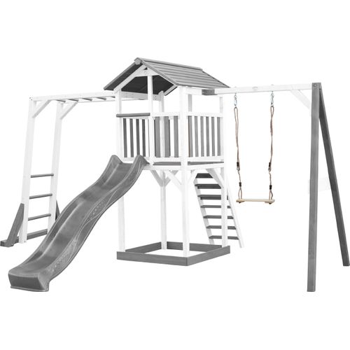 AXI Beach Tower Spielturm aus Holz in Weiß & Grau | Spielhaus für Kinder mit grauer Rutsche, Klettergerüst, Schaukel und Sandkasten | Stelzenhaus für