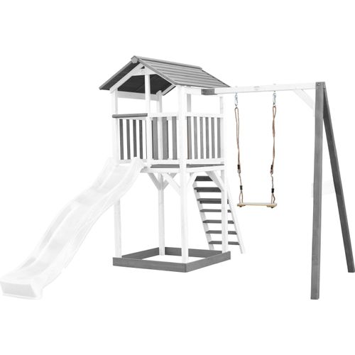 AXI Beach Tower Spielturm aus Holz in Weiß & Grau | Spielhaus für Kinder mit weißer Rutsche, Schaukel und Sandkasten | Stelzenhaus für den Garten