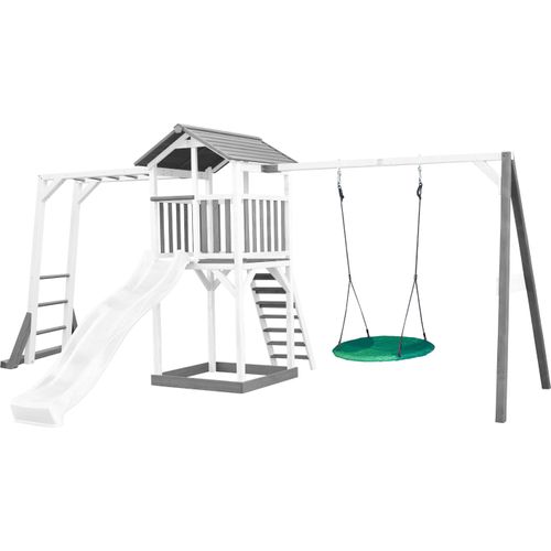 AXI Beach Tower Spielturm aus Holz in Weiß & Grau | Spielhaus für Kinder mit weißer Rutsche, Klettergerüst, Nestschaukel und Sandkasten | Stelzenhaus