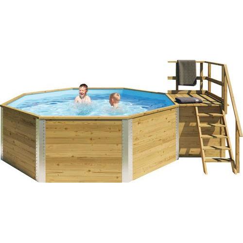 Aufstellpool Holzpool-Set Weka 593 B rund Ø 397x116 cm inkl. Sandfilteranlage, Einbauskimmer, Filtersand, Bodenschutzvlies & Technikraum inkl. Holztreppe mit Handlauf