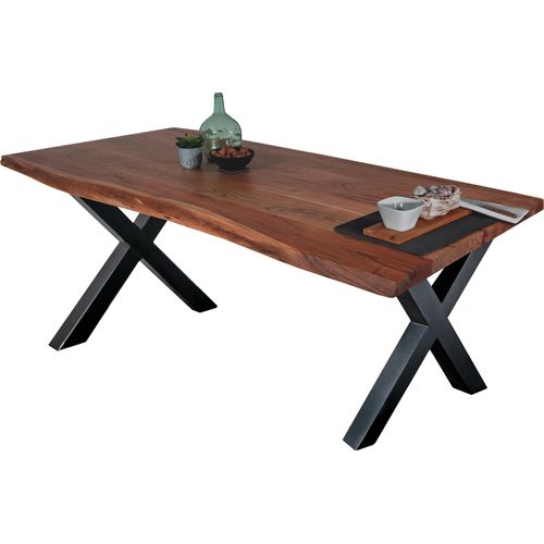 Esstisch Baumkante massiv Akazie Nussbaum 160 x 85 X-Gestell schwarz TOMASO