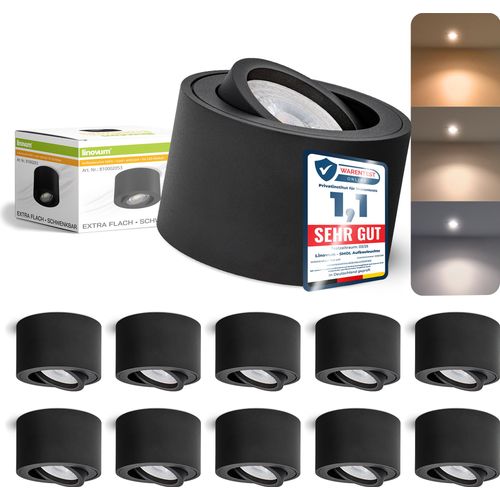 linovum 10 Stück SMOL Deckenleuchte Aufbaustrahler schwarz schwenkbar flach Höhe 50mm mit 3 Weißtöne lumiFLEX LED Modul 4W 230V Spots