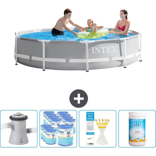 Intex Round Prism Frame Swimming Pool – 305 x 76 cm – Grau – inklusive Pumpe Filter - Teststreifen - Chlor