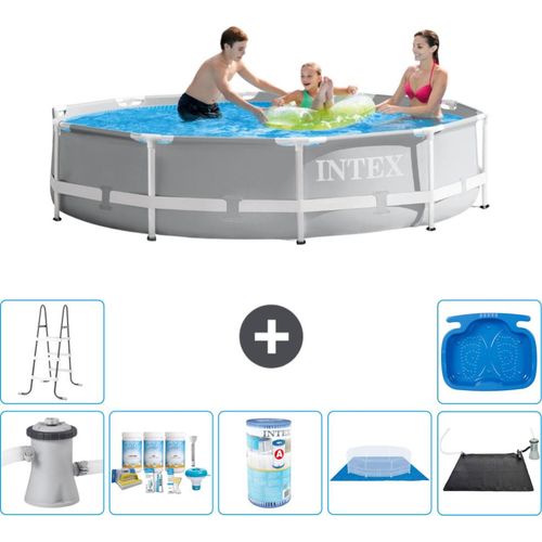 Intex Round Prism Frame Swimming Pool – 305 x 76 cm – Grau – inklusive Pumpe Wartungspaket - Filter - Bodenplane - Solarmatte - Leiter - Fußbad