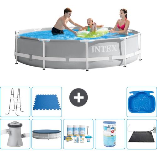 Intex Round Prism Frame Swimming Pool – 305 x 76 cm – Grau – inklusive Pumpe Abdeckung - Wartungspaket - Filter - Solarmatte - Leiter - Fußbad