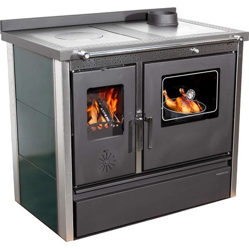 Kaminofen mit Backfach und Herdplatte 4050 Lotus Inox Grün Holzofen 11 kW Holz Ofen Mehrfachbelegung Kamin Heizofen Küchenherd