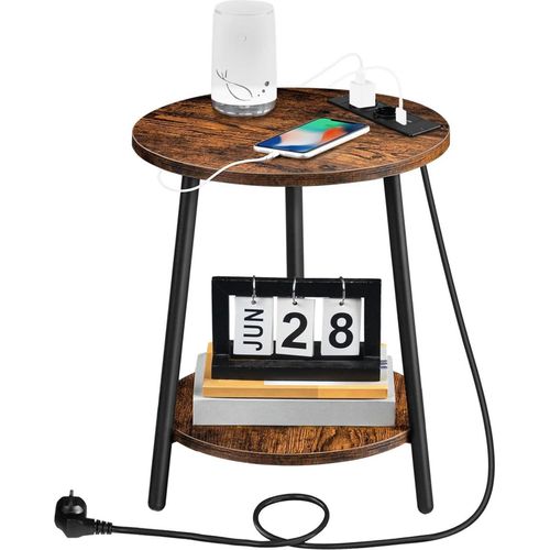Runder Beistelltisch mit Ladestation und 2 Ebenen Vintagebraun und Schwarz