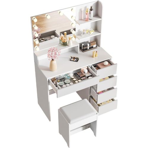 Schminktisch Weiß mit LED-Beleuchtung, Hocker, Hollywood Style