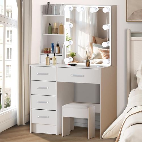 Schminktisch mit LED-Beleuchtung, Hocker, 10 Glühbirnen