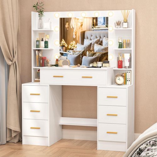 Schminktisch mit LED-Beleuchtung und Spiegel in Weiß 110x40x140 cm