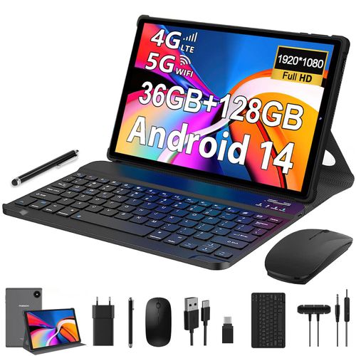 Tablet 10 Zoll mit Tastatur und Maus MAGCH, 36GB+128GB(1TB TF), Octa-Core, Android 14.0, 1920*1200 FHD, 4G LTE/SIM/5G WIFI, 8000mAh, 13MP+8MP, Grau