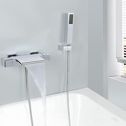 Shanfo Thermostatischer Wasserfall Bad Tap Chromwand montiertes Handduschenmixer Badezimmer Brass 4y1ok