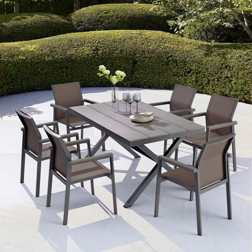 Gartenmöbel Set WINDY mit 1 Tisch und 6 Stühlen aus Alu und WPC in grau/braun, Esstisch Set in Holzoptik, Stühle mit Netz witterungsbeständig bespannt, Gartensitzgruppe.