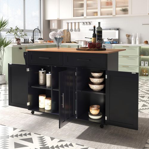 okwish Küchenschränke mit Klapptischplatte,Inneneinlegeböden in den Schranktüren,Kücheninsel auf 5 Rädern,Sideboard mit Stauschränken und 2 Schubladen,schwarz