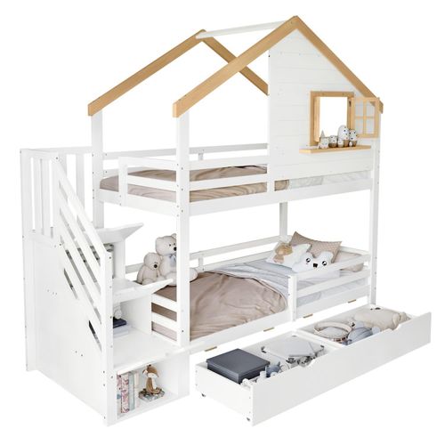 Etagenbett, Holzbett, Kiefer + MDF, Aufbewahrungstreppen, raffiniertes kleines Hausdesign mit einem Fenster, Stauraum unter dem Bett