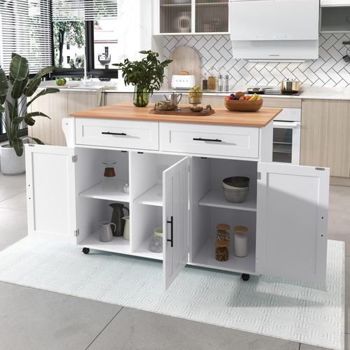 okwish Küchenschränke mit Klapptischplatte,Inneneinlegeböden in den Schranktüren,Kücheninsel auf 5 Rädern,Sideboard mit Stauschränken und 2 Schubladen,weiß