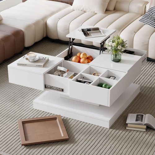 75.5*75.5*38cm Couchtisch Anhebbarer Multifunktionstisch, Sofatisch mit 4 Fächern, Wohnzimmertisch in Hochglanz, Beistelltisch, kaffeetisch mit Tablett, Geometrischer Tisch, weiß + Holzfarbe